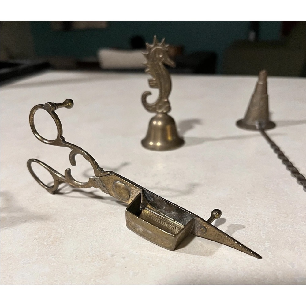 Vintage Brass Bundle: 2 Candle Snuffers, Bell, Postage Scale W/Stamp Roll Holder - Picture 2 of 14